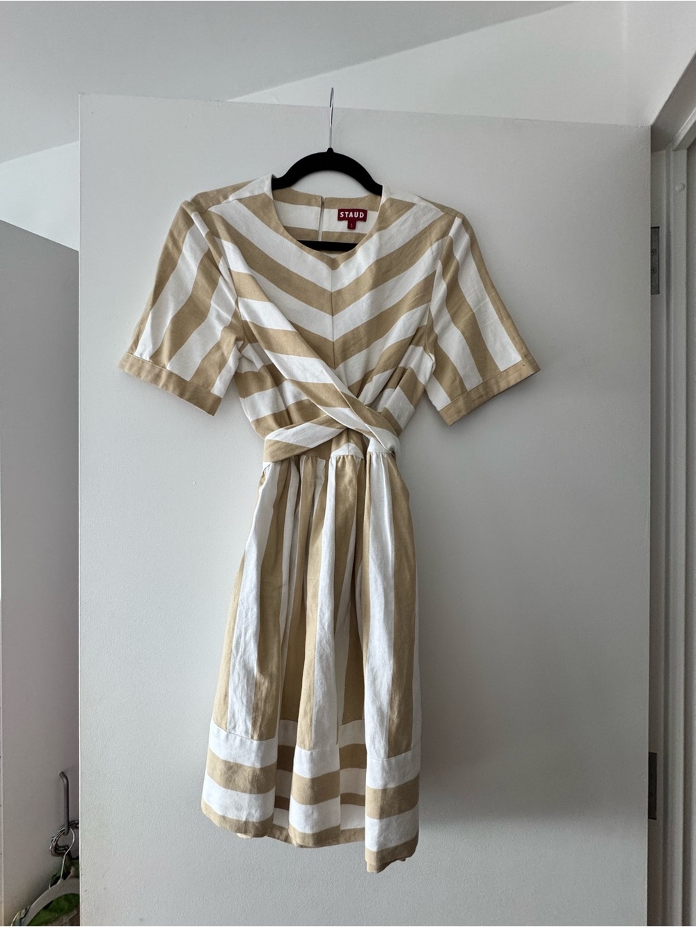 STAUD Beige and White Striped Mini Dress